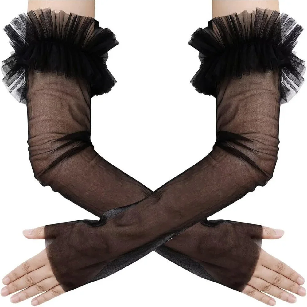 Women's Fingerless Black Long Sleeves Gloves Puffy Ruffle Cuffs Wedding Prom